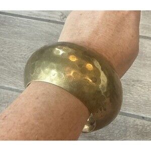 Hammered Brass Bangle Bracelet Chunky Vintage Wide Domed Boho Patina